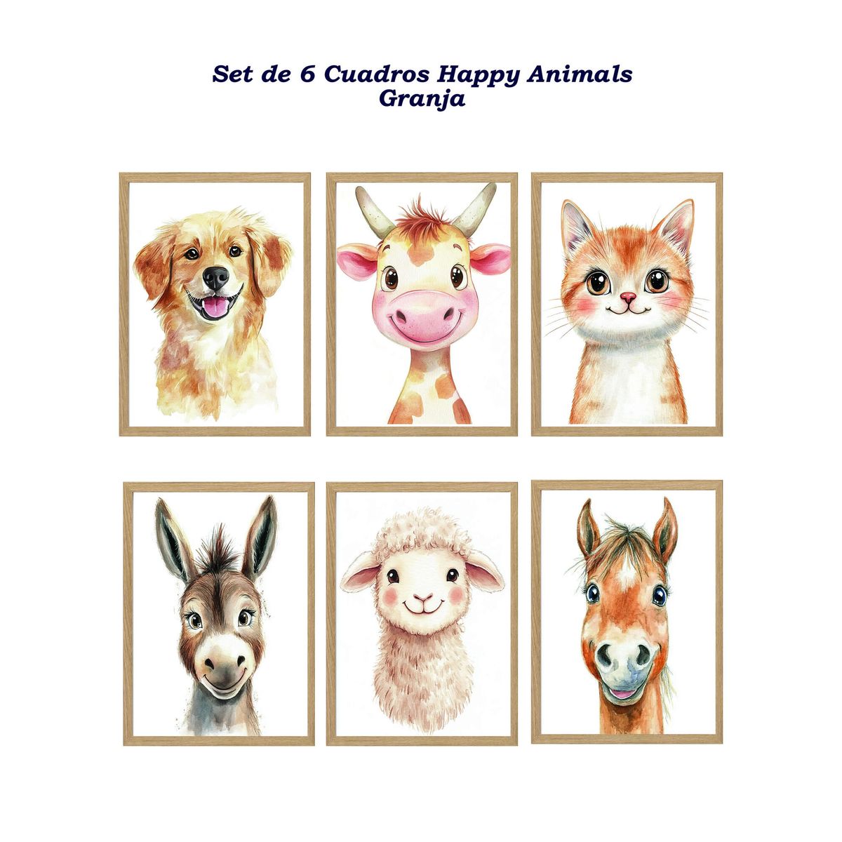 DECORACION CREATIVA - Set 6 Cuadros Infantil Niños Happy Animals Granja