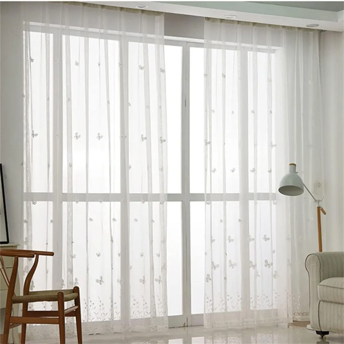 DIANA - visillo translucido bordado mariposas elegantes moderna 2 paño TF