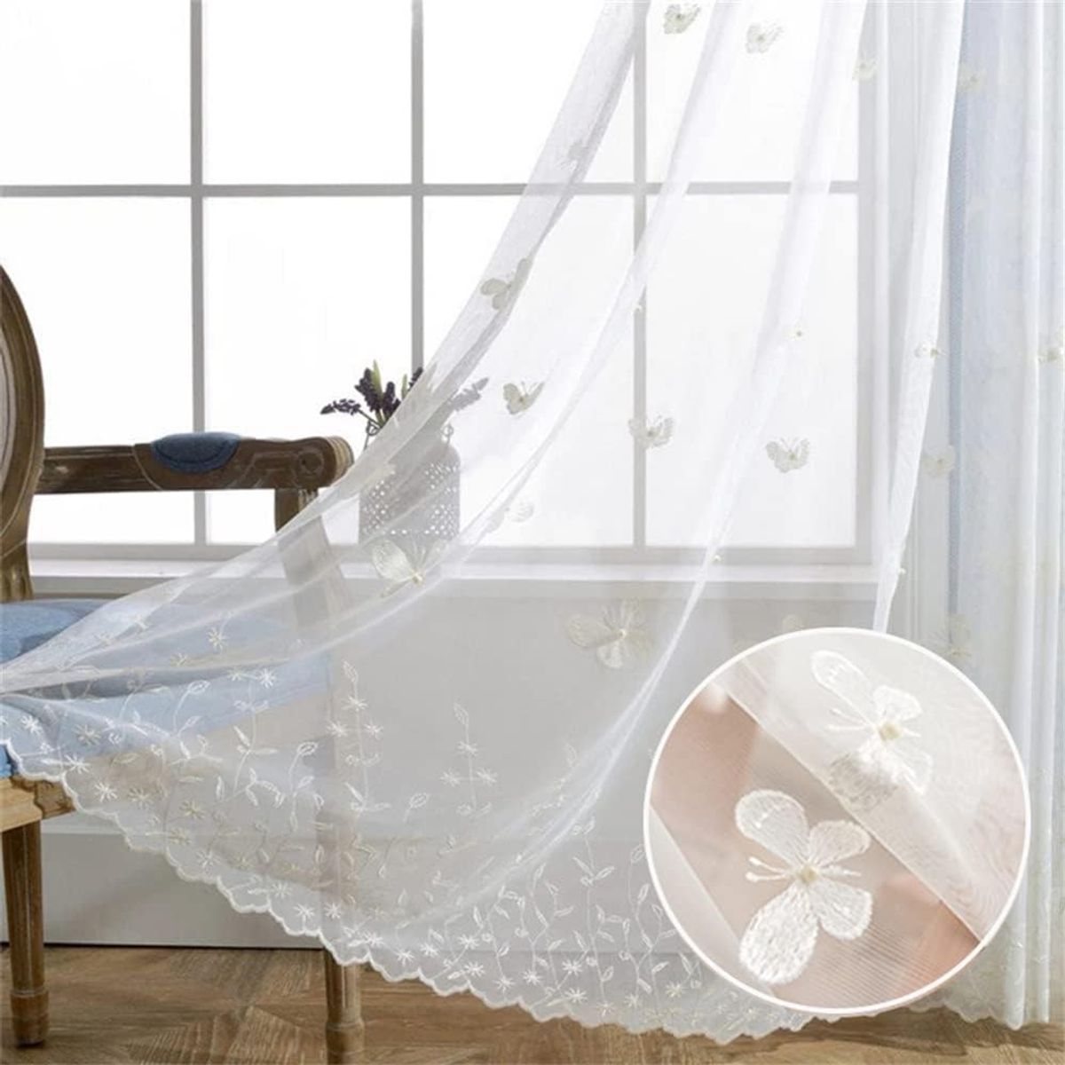 DIANA - visillo translucido bordado mariposas elegantes moderna 2 paño TF