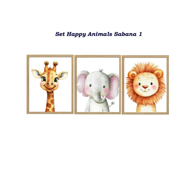 DECORACION CREATIVA - Set 3 Cuadros Infantil Niños Happy Animals Sabana 1