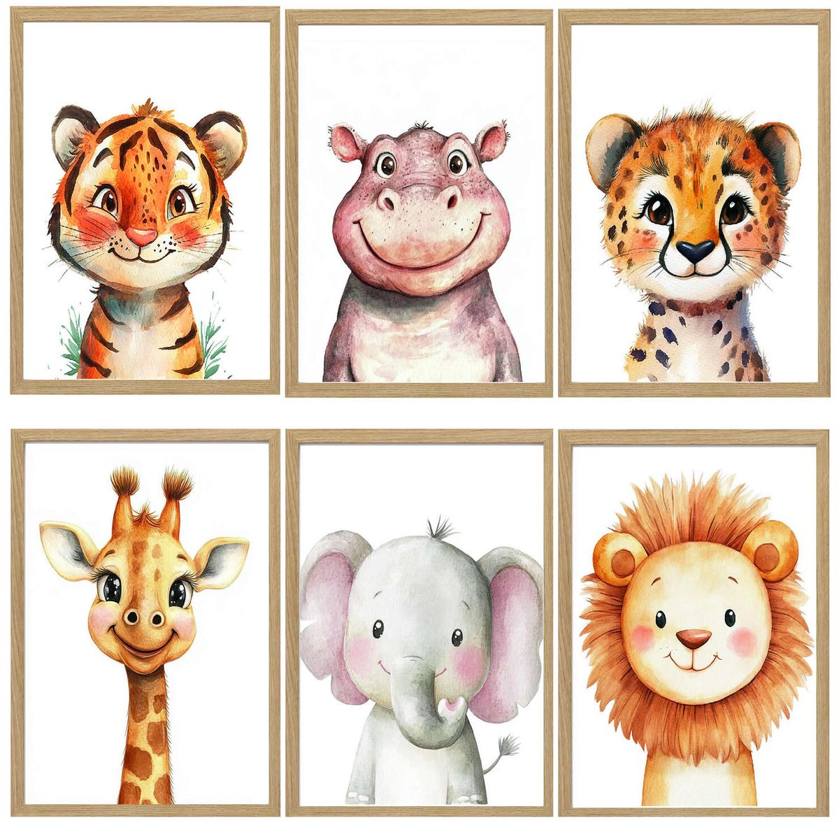DECORACION CREATIVA - Set 6 Cuadros Infantil Niños Happy Animals Sabana