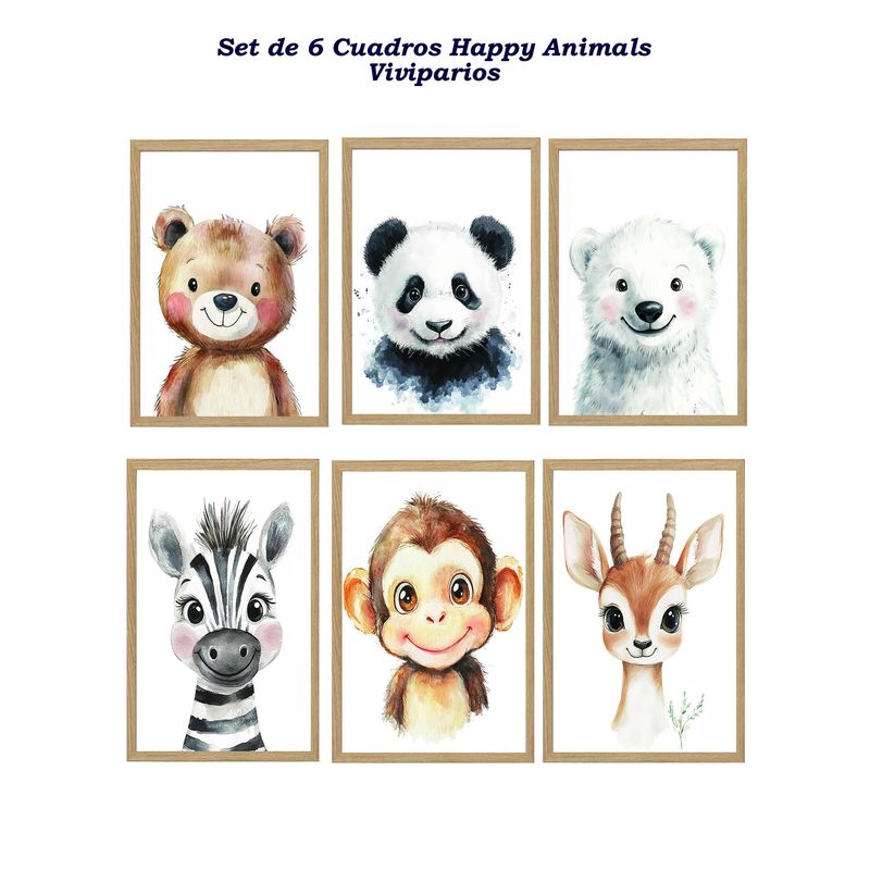 DECORACION CREATIVA - Set 6 Cuadros Infantil Niños Happy Animals Viviparos