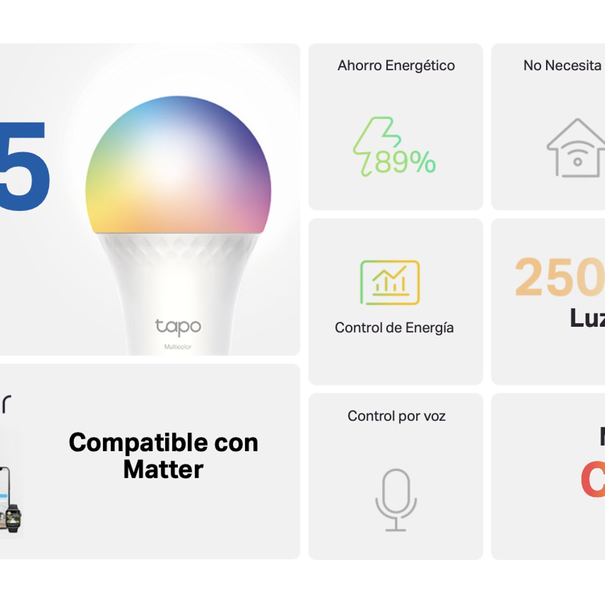 TP LINK - Set 2 Amp Colores Alto Brillo E27 Tapo Smart LED Wi-fi Matter Homekit