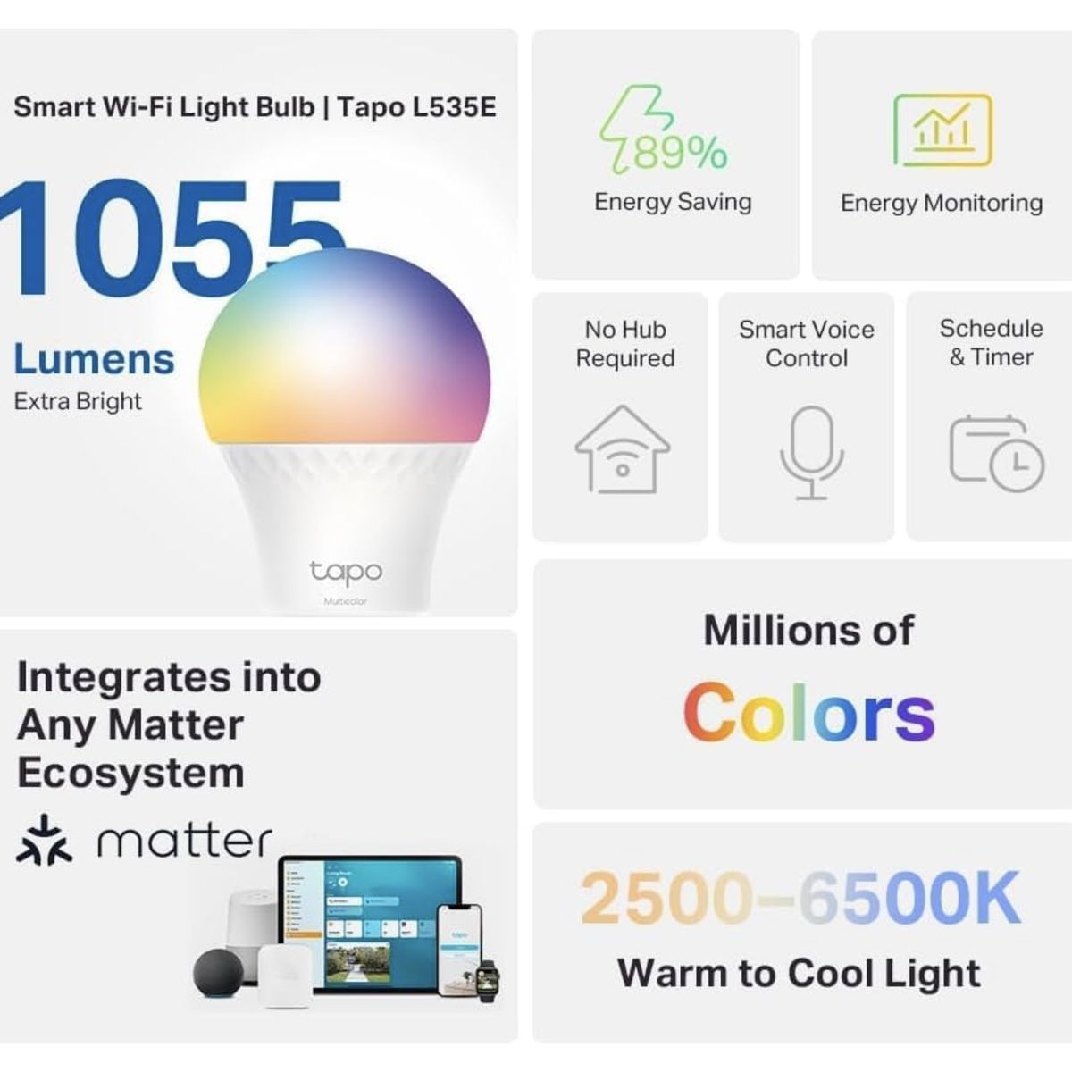 TP LINK - Set 4 Amp Colores Alto Brillo E27 Tapo Smart LED Wi-fi Matter Homekit