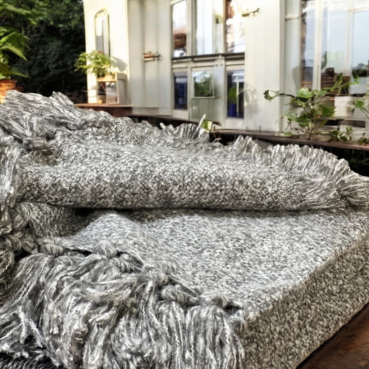 GENERICO - Manta De Lana con Flecos 150x170 Gris.