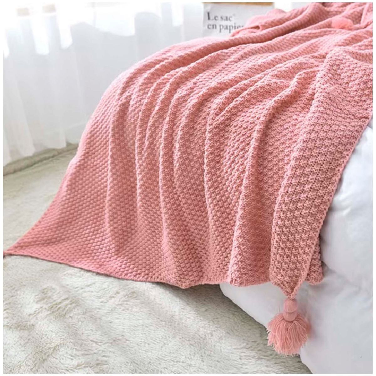 GENERICO - Manta De Lana con Borlas 120x210 cm Rosa.