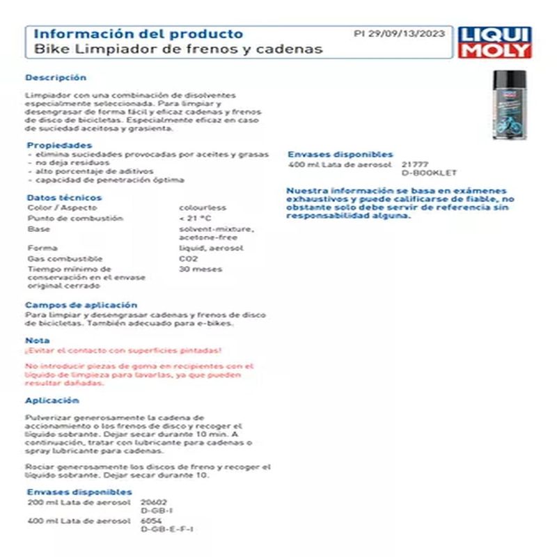 BIGBAMSPACE - Limpiador Desengrasante Cadena Y Transmision Liquimoly 400ml