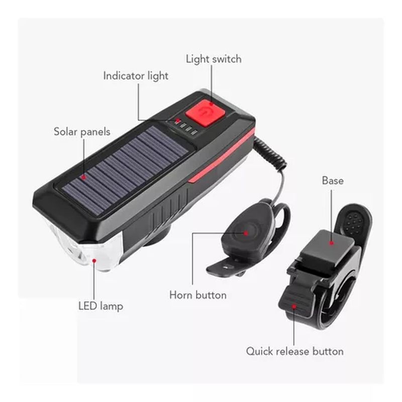 BIGBAMSPACE - Luz Led Delantera Para Bicicleta Solar Recargable Con Bocina