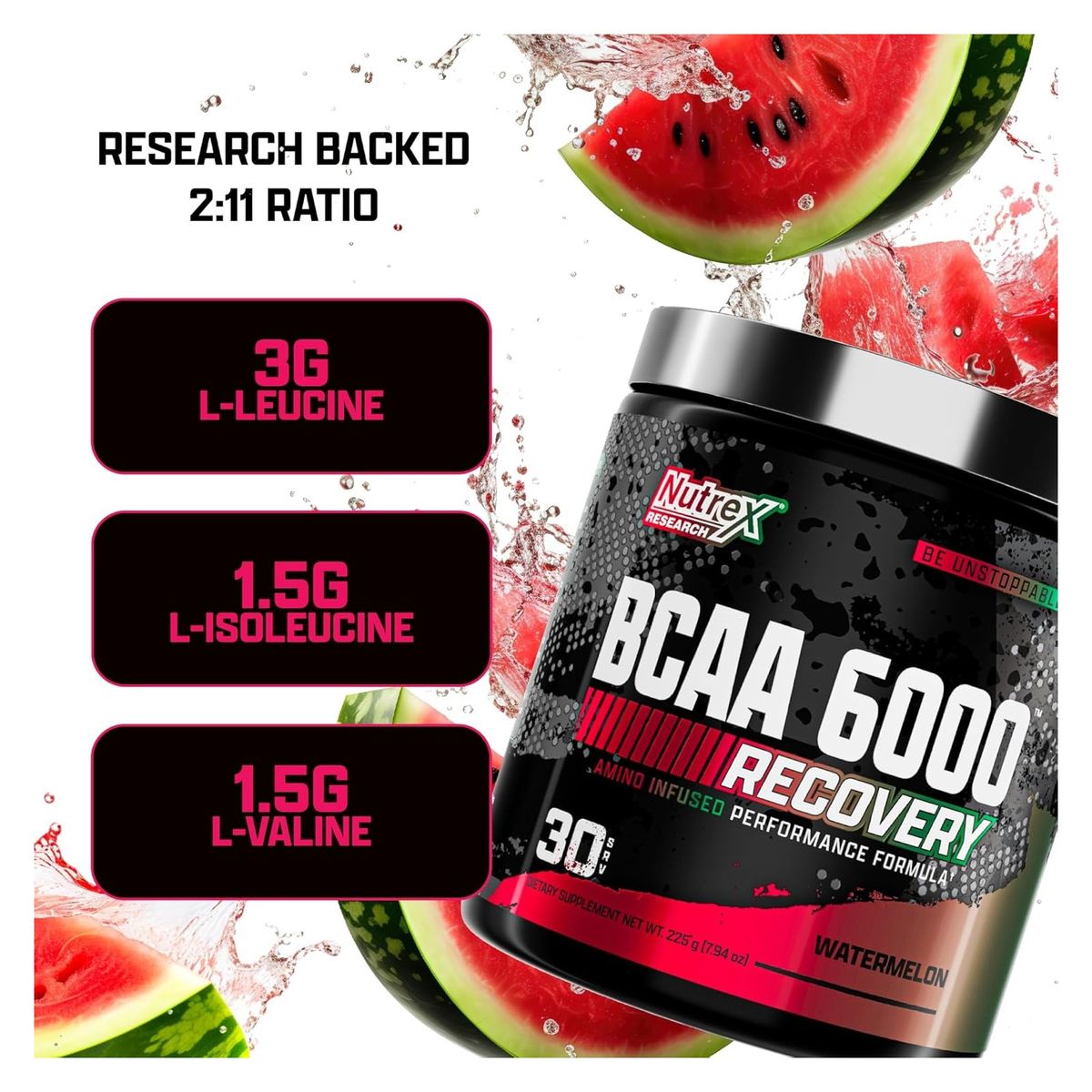NUTREX RESEARCH - Bcaa 6000 Recovery Nutrex Aminoacidos 225gr En Polvo Sandia