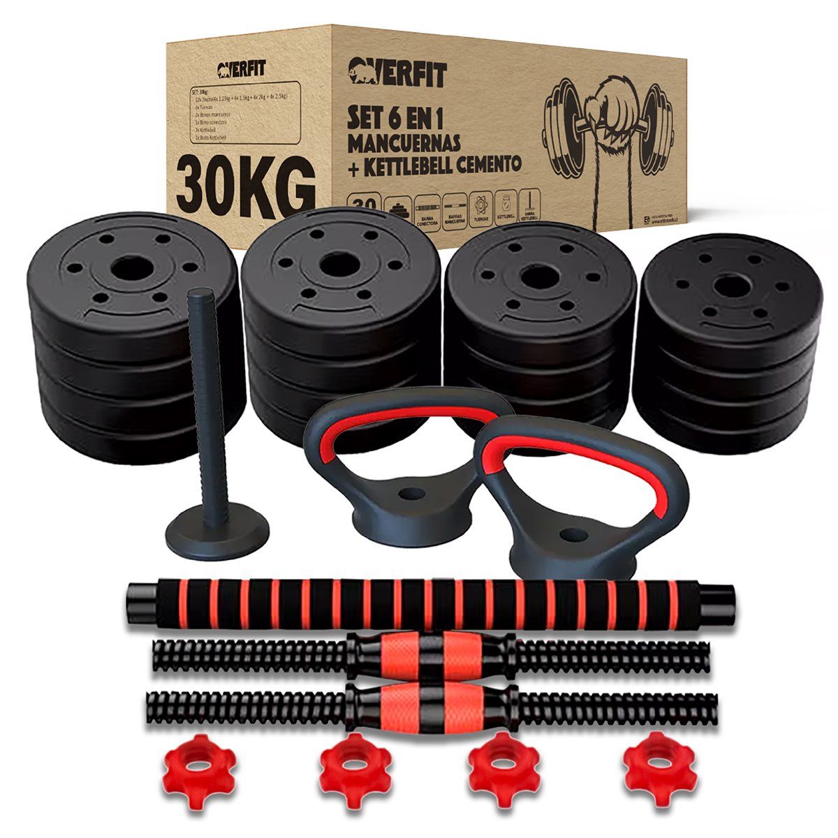 OVERFIT - Set Mancuernas + Barra + Kettlebell Unibles Overfit 30kg