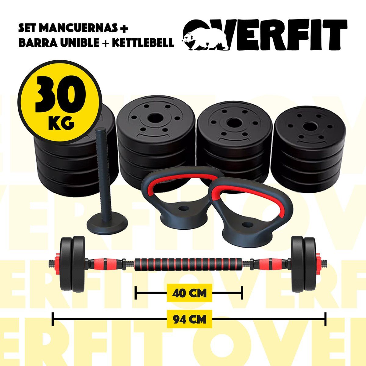 OVERFIT - Set Mancuernas + Barra + Kettlebell Unibles Overfit 30kg