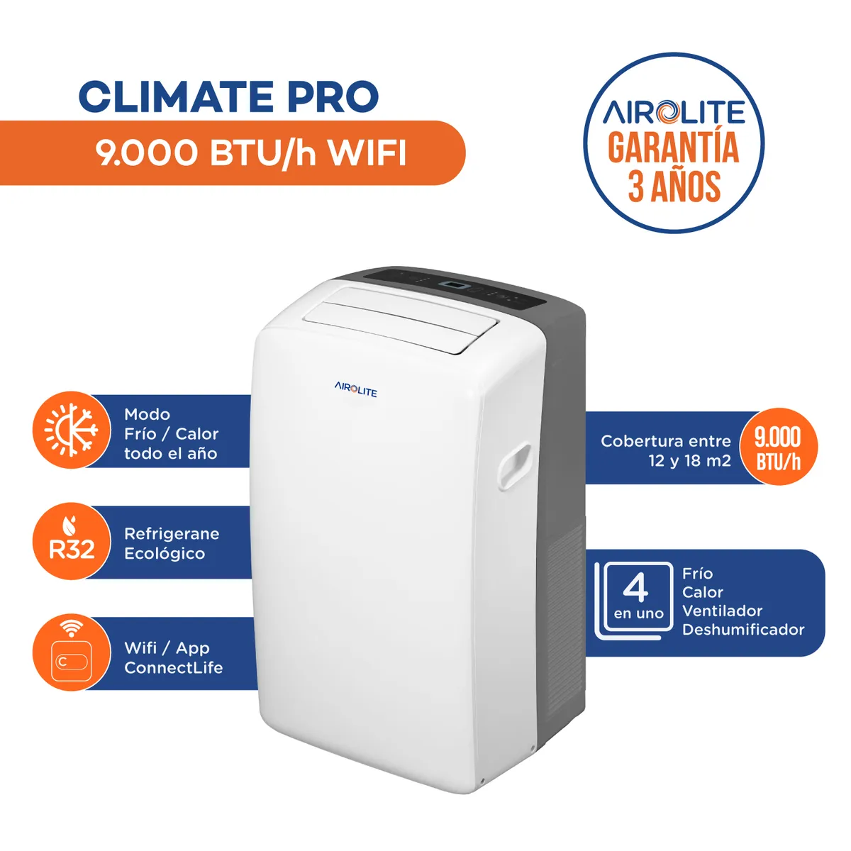 AIRE ACONDICIONADO PORTÁTIL AIROLITE CLIMATE PRO 9000 BTU WIFI, marca AIROLITE - Foto 2