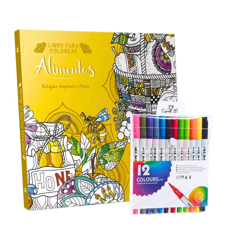 PRONOBEL - Libro Mandala Alimento + 12 Plumones Doble Punta Fina/gruesa