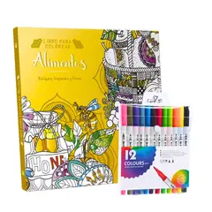 PRONOBEL - Libro Mandala Alimento + 12 Plumones Doble Punta Fina/gruesa