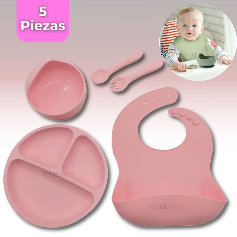 UTILISIMO - Set De Alimentación Bebé Silicona 5 Piezas Libre BPA Rosado