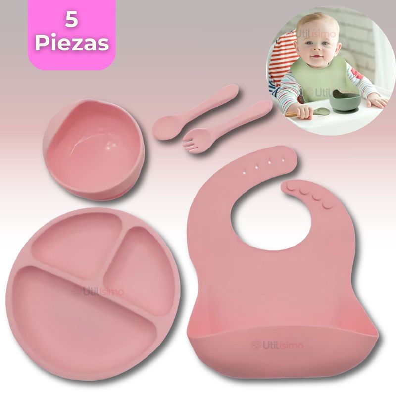 UTILISIMO - Set De Alimentación Bebé Silicona 5 Piezas Libre BPA Rosado