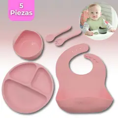 UTILISIMO - Set De Alimentación Bebé Silicona 5 Piezas Libre BPA Rosado