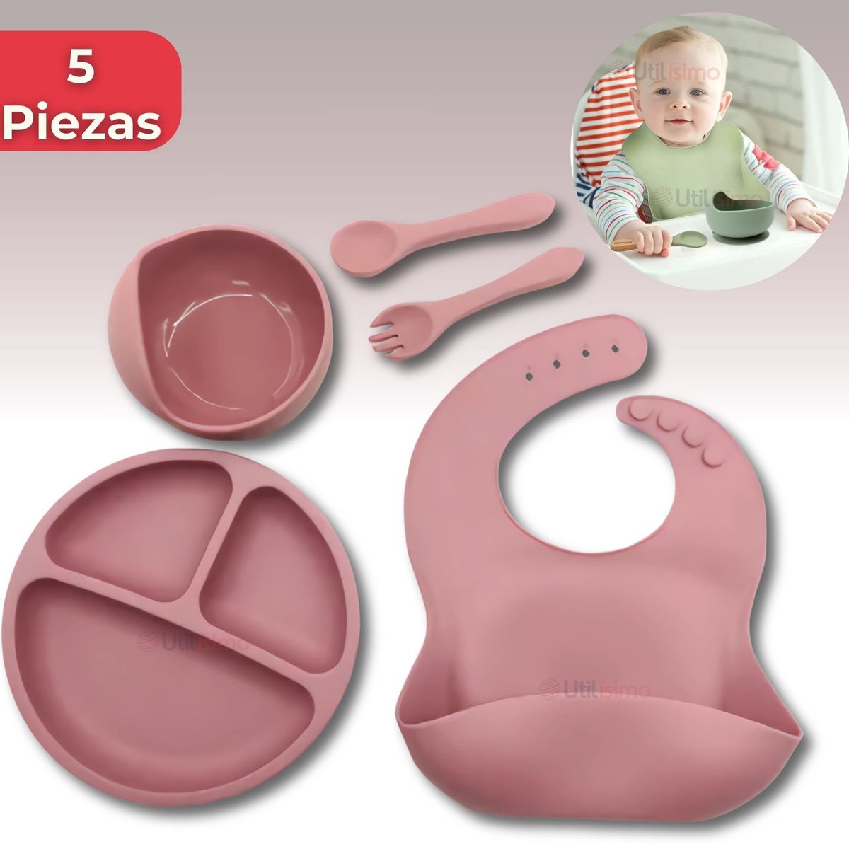 UTILISIMO - Set De Alimentación Bebé Silicona 5 Piezas Libre BPA Rosa