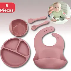 UTILISIMO - Set De Alimentación Bebé Silicona 5 Piezas Libre BPA Rosa