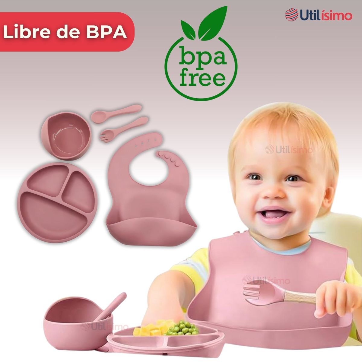 UTILISIMO - Set De Alimentación Bebé Silicona 5 Piezas Libre BPA Rosa