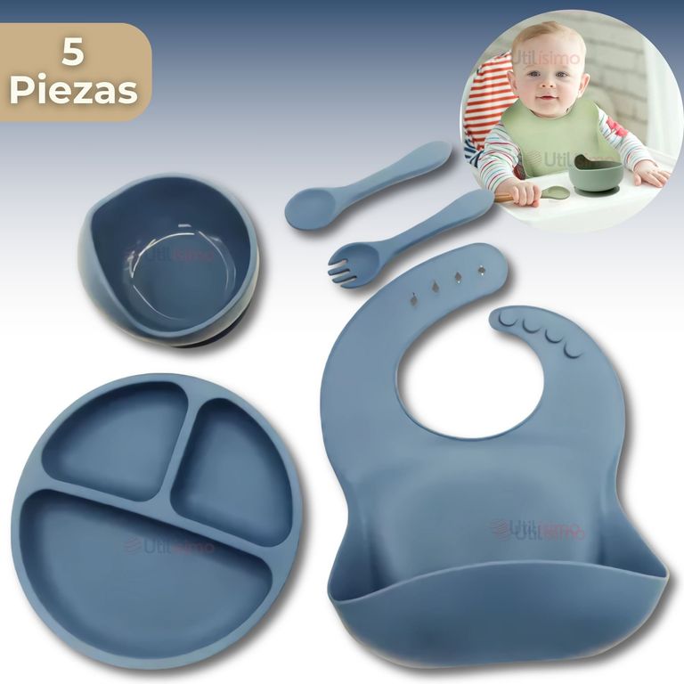Set De Alimentacion Bebe Silicona 5 Piezas Libre BPA Azul
