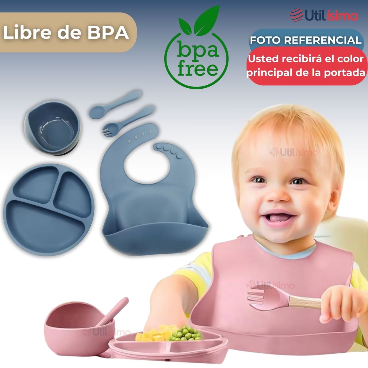 UTILISIMO - Set De Alimentación Bebé Silicona 5 Piezas Libre BPA  Azul
