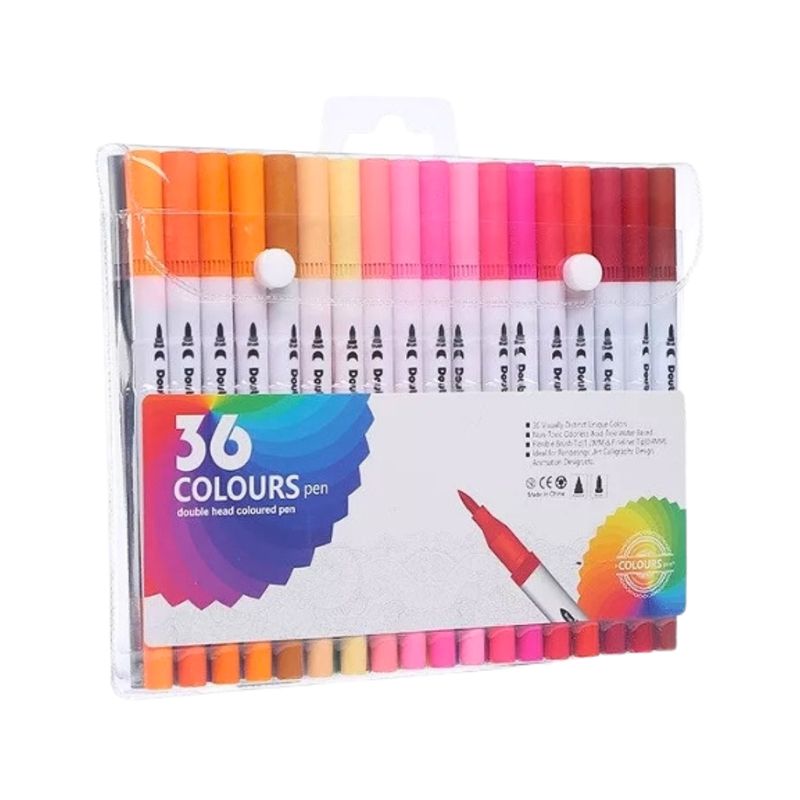 DUAL - Plumones Punta Doble 36 Colores Punta Pincel Y Tiralíneas
