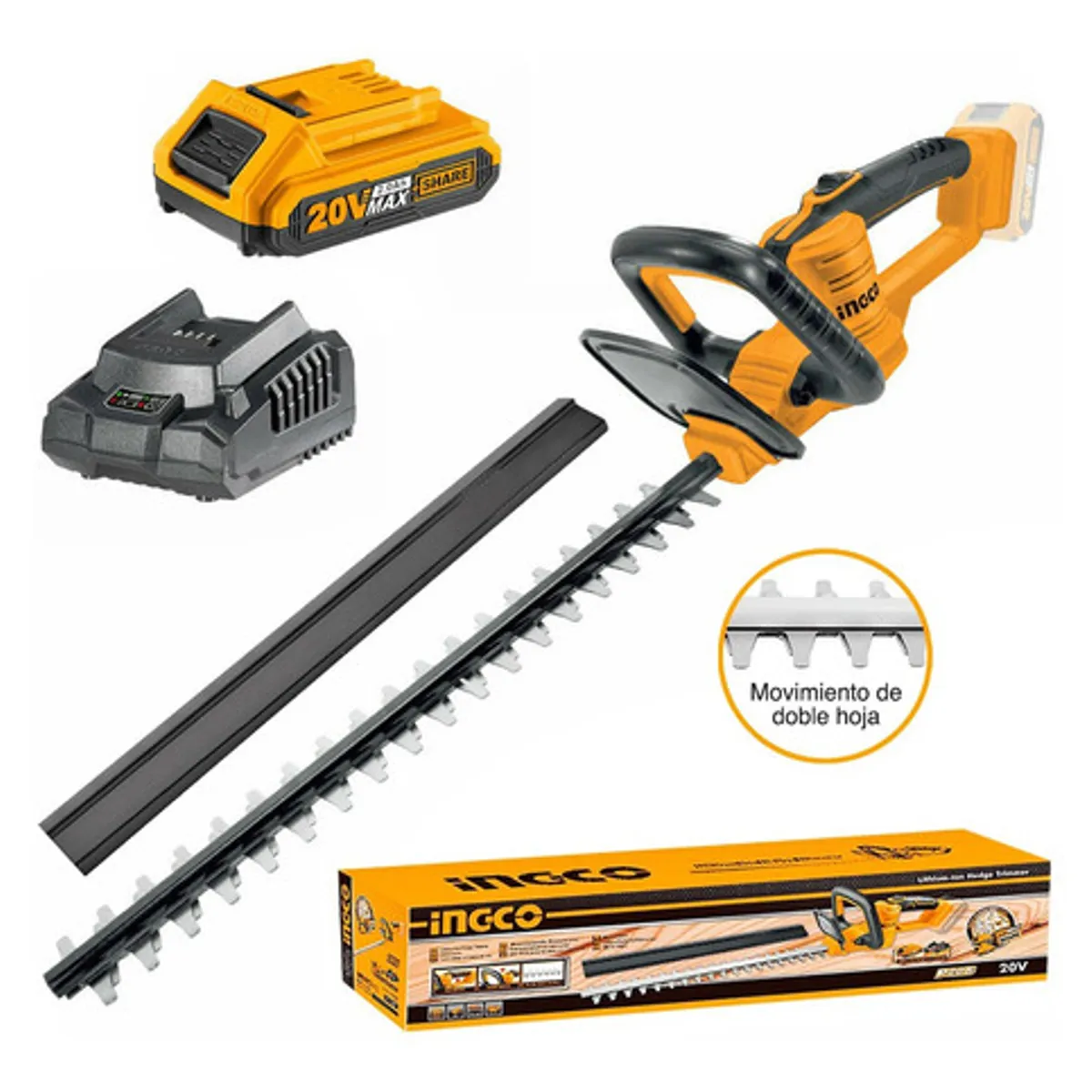 INGCO - Cortasetos Inalambrico + Bateria 2Ah Y Cargador Rapido 20V Ingco Ss Chtli20461