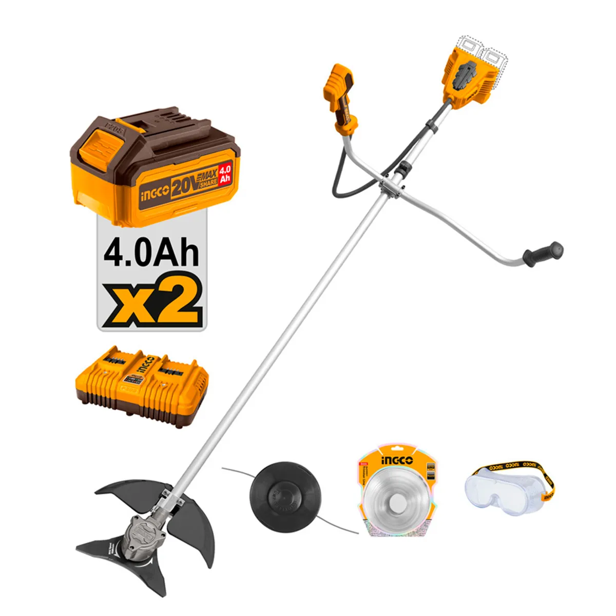 INGCO - Desbrozadora Bl Industrial + 2 Bat 4Ah Y Carg Rapido Dual40v