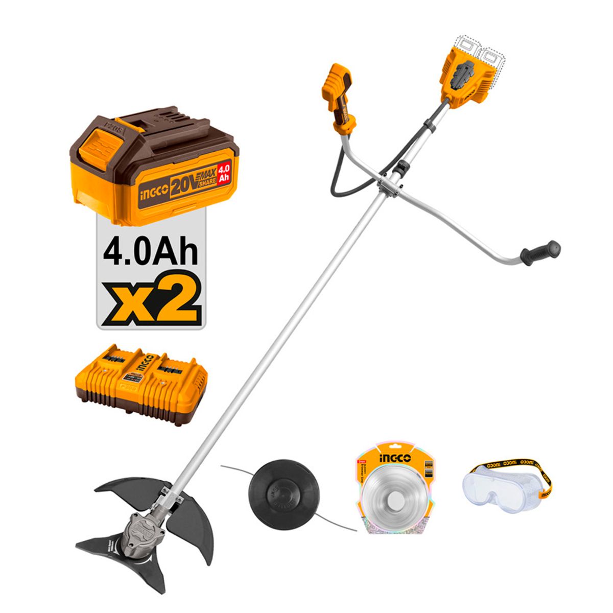 INGCO - Desbrozadora Bl Industrial + 2 Bat 4Ah Y Carg Rapido Dual40v