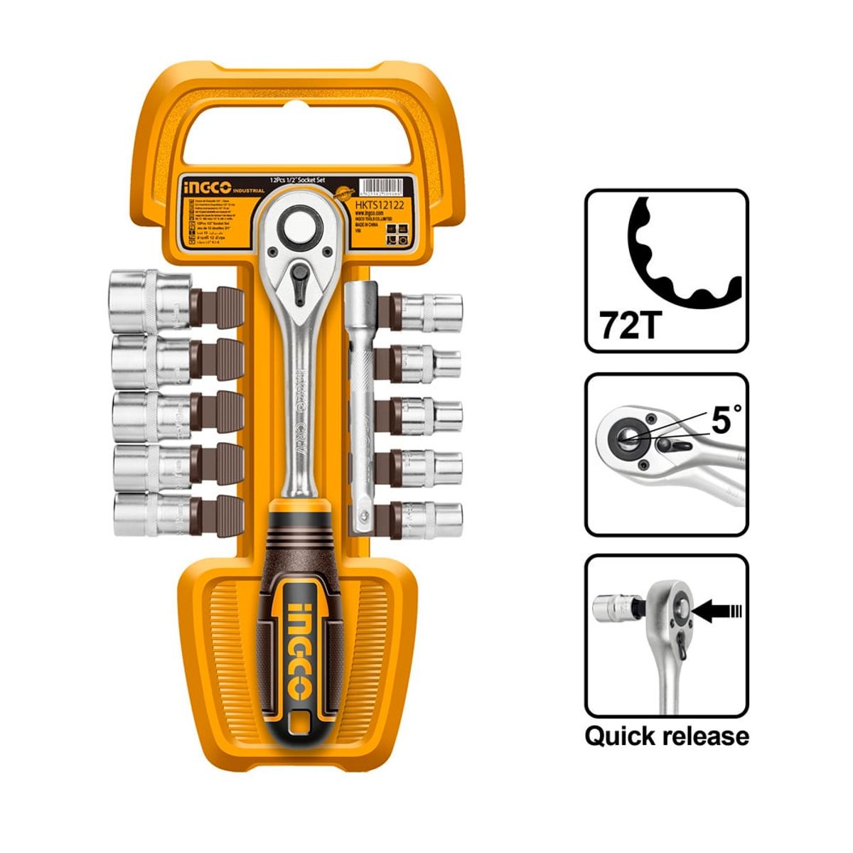 INGCO - Set Dados Y Chicharra Industrial 12 Piezas 1/2" Ingco Hkts12122