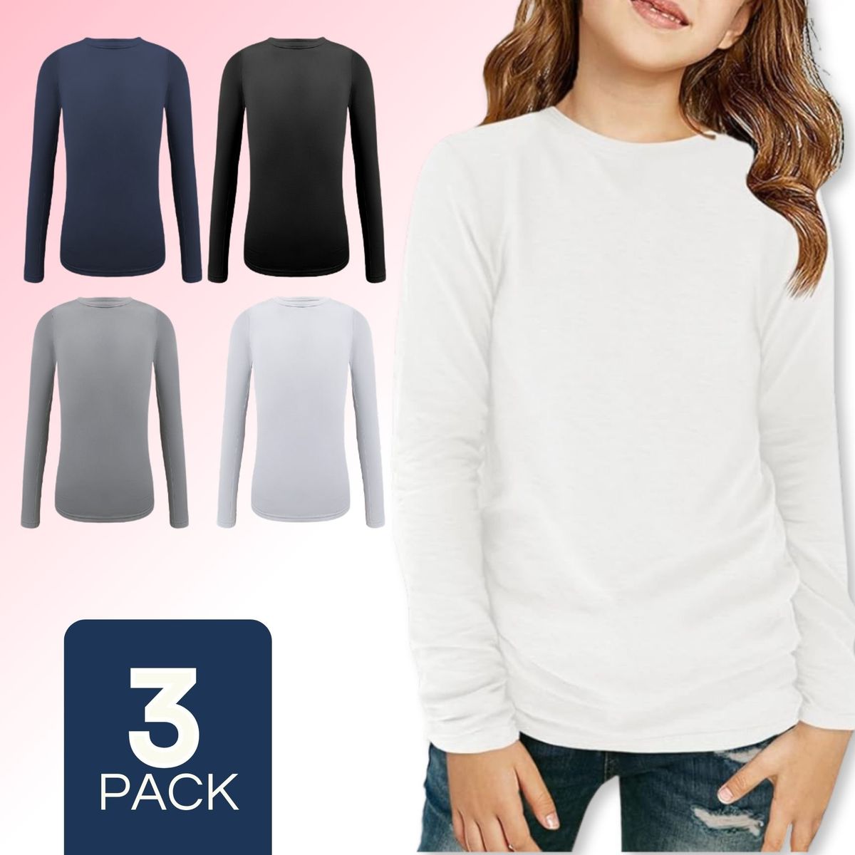 UTILISIMO - Pack 3 Camisetas Bambú Primera Capa Invierno Niña Cuello Redondo