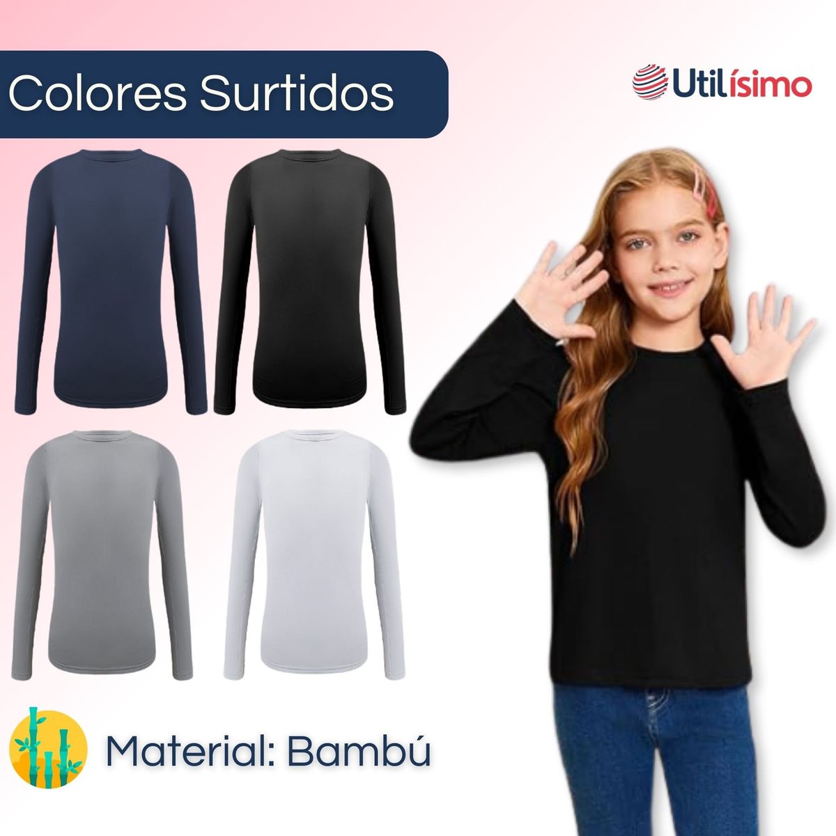 UTILISIMO - Pack 3 Camisetas Bambú Primera Capa Invierno Niña Cuello Redondo