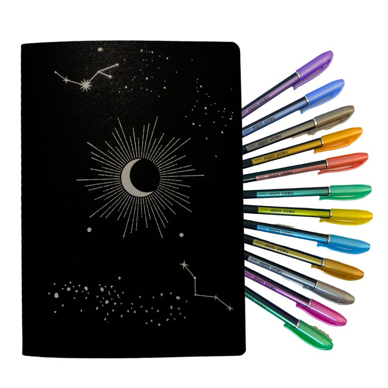 GENERICO - Cuaderno Hojas Negras + 12 Lápices Gel Colores Metalizados