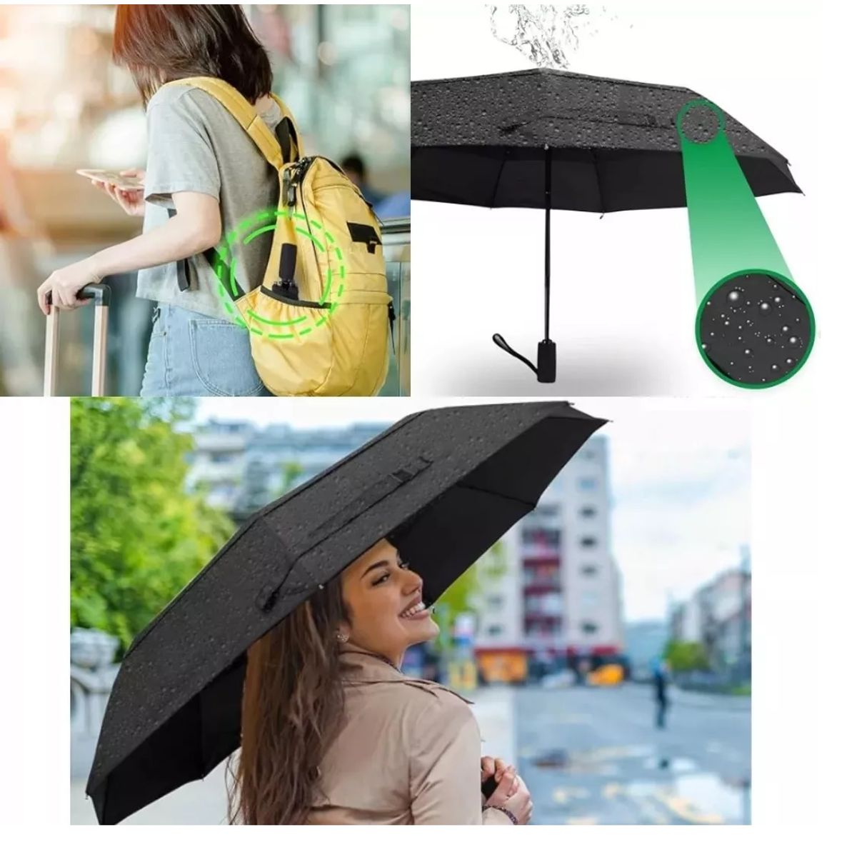 GENERICO - Paraguas Plegable Impermeable Retractil De Bolsillo Negro