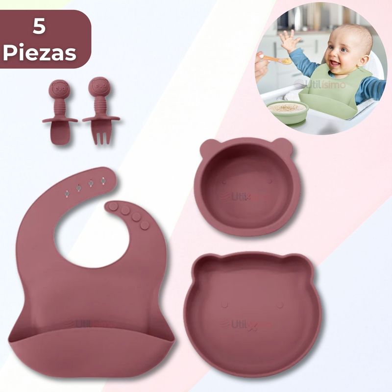 UTILISIMO - Set De Alimentación Bebé Silicona 5 Piezas Osito Libre BPA