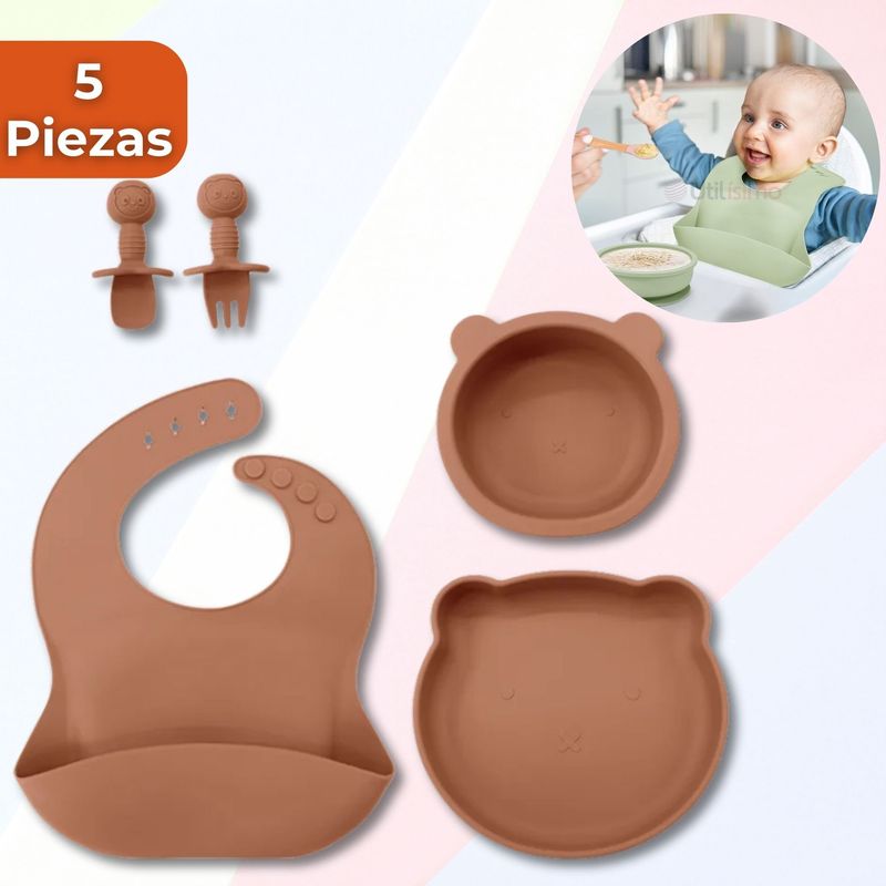 UTILISIMO - Set De Alimentación Bebé Silicona 5 Piezas Osito Libre BPA