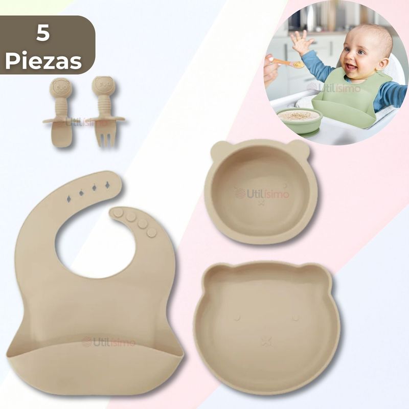 UTILISIMO - Set De Alimentación Bebé Silicona 5 Piezas Osito Libre BPA