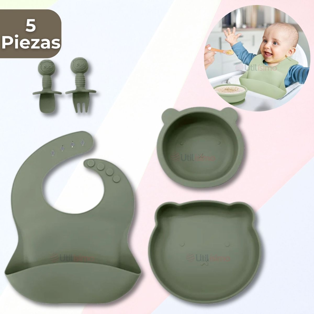 UTILISIMO - Set De Alimentación Bebé Silicona 5 Piezas Osito Libre BPA