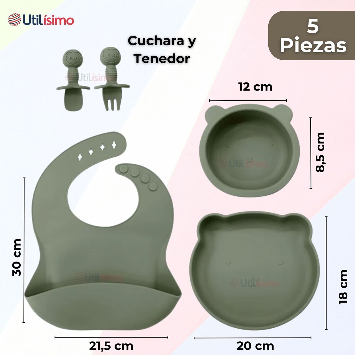 UTILISIMO - Set De Alimentación Bebé Silicona 5 Piezas Osito Libre BPA