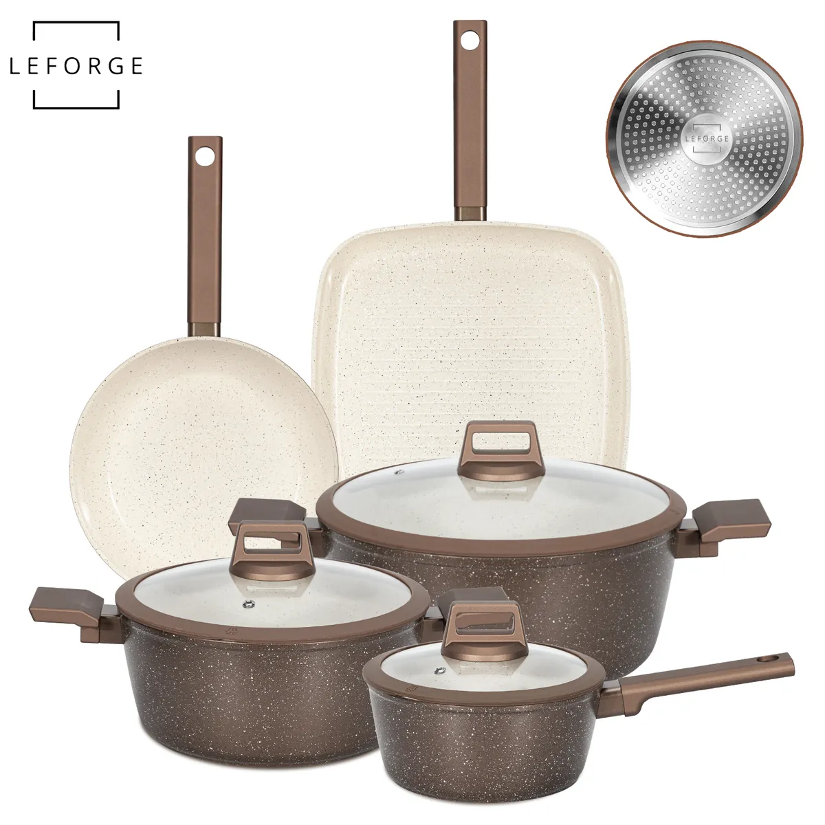 LEFORGE - Batería Cocina Cerámica Granito Antiadherente 8 Piezas Chocolate Crema