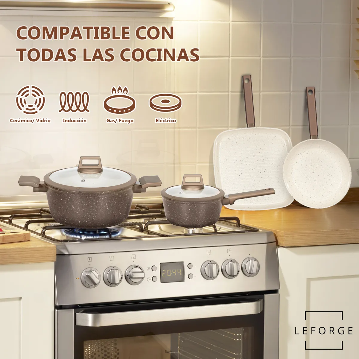 LEFORGE - Batería Cocina Cerámica Granito Antiadherente 8 Piezas Chocolate Crema