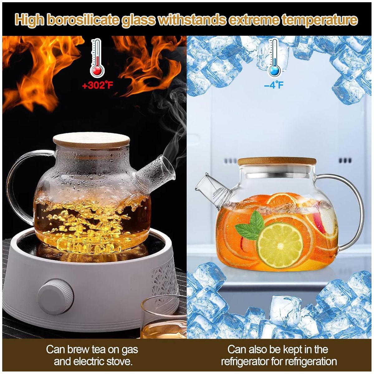 KUANGYE - Tetera de Vidrio Borosilicato Resistente FuegoFrío 34oz