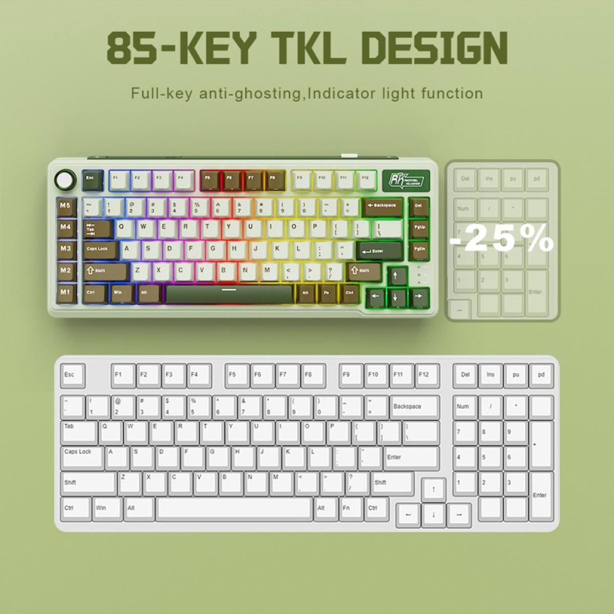 ROYAL KLUDGE - Teclado Mecánico Inalámbrico Español Royal Kludge RKL75 Verde Palma-.