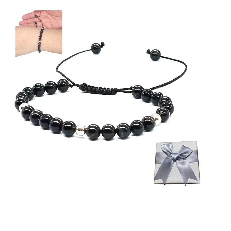 GENERICO - Pulsera Turmalina Negra Y Plata Ajustable con Caja