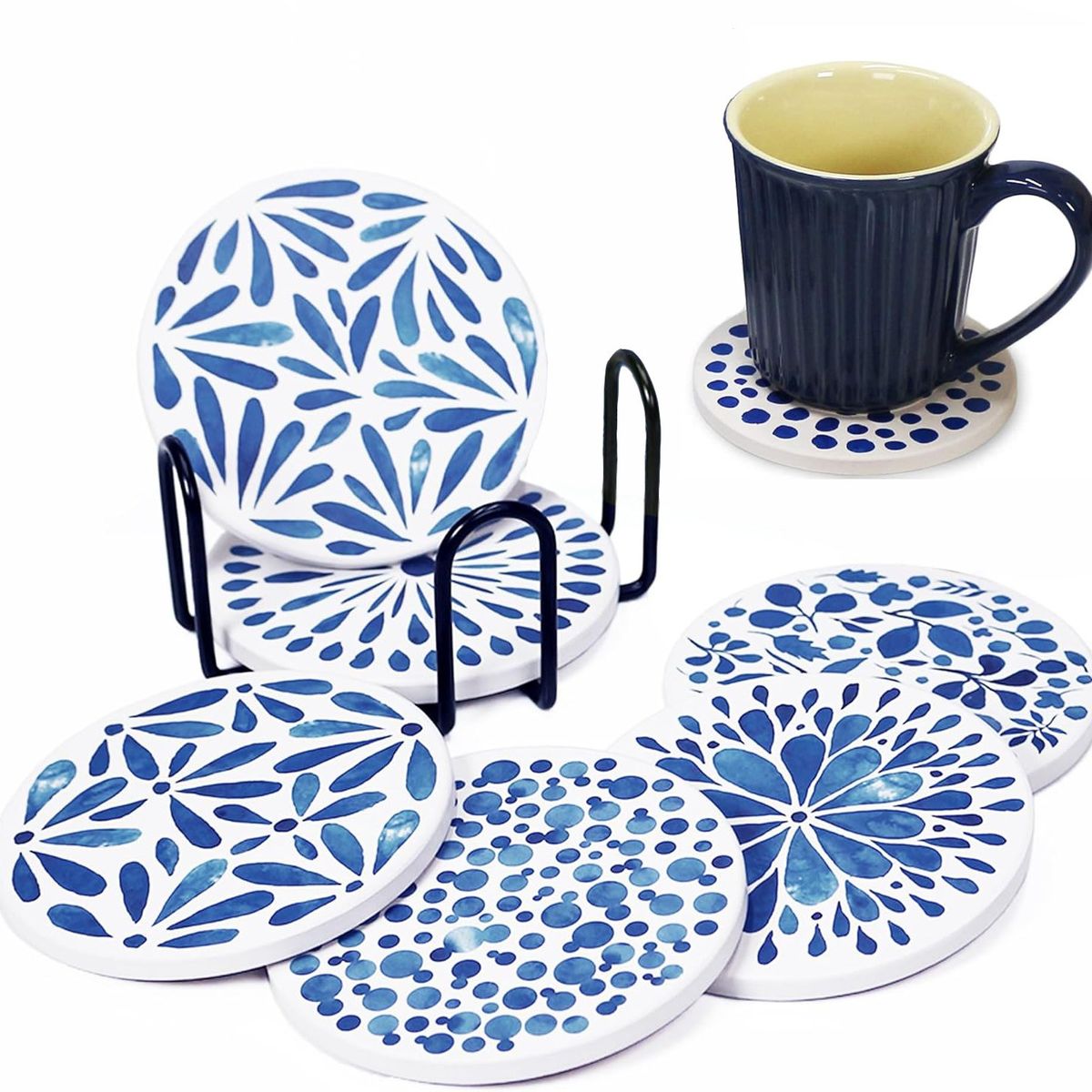 KUANGYE - Juego de 6 Posavasos De Cerámica Acuarela Con Soporte