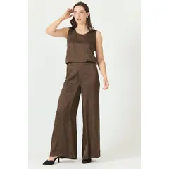 PRIVILEGE - Pantalon palazzo vison estampado 2245 - Café