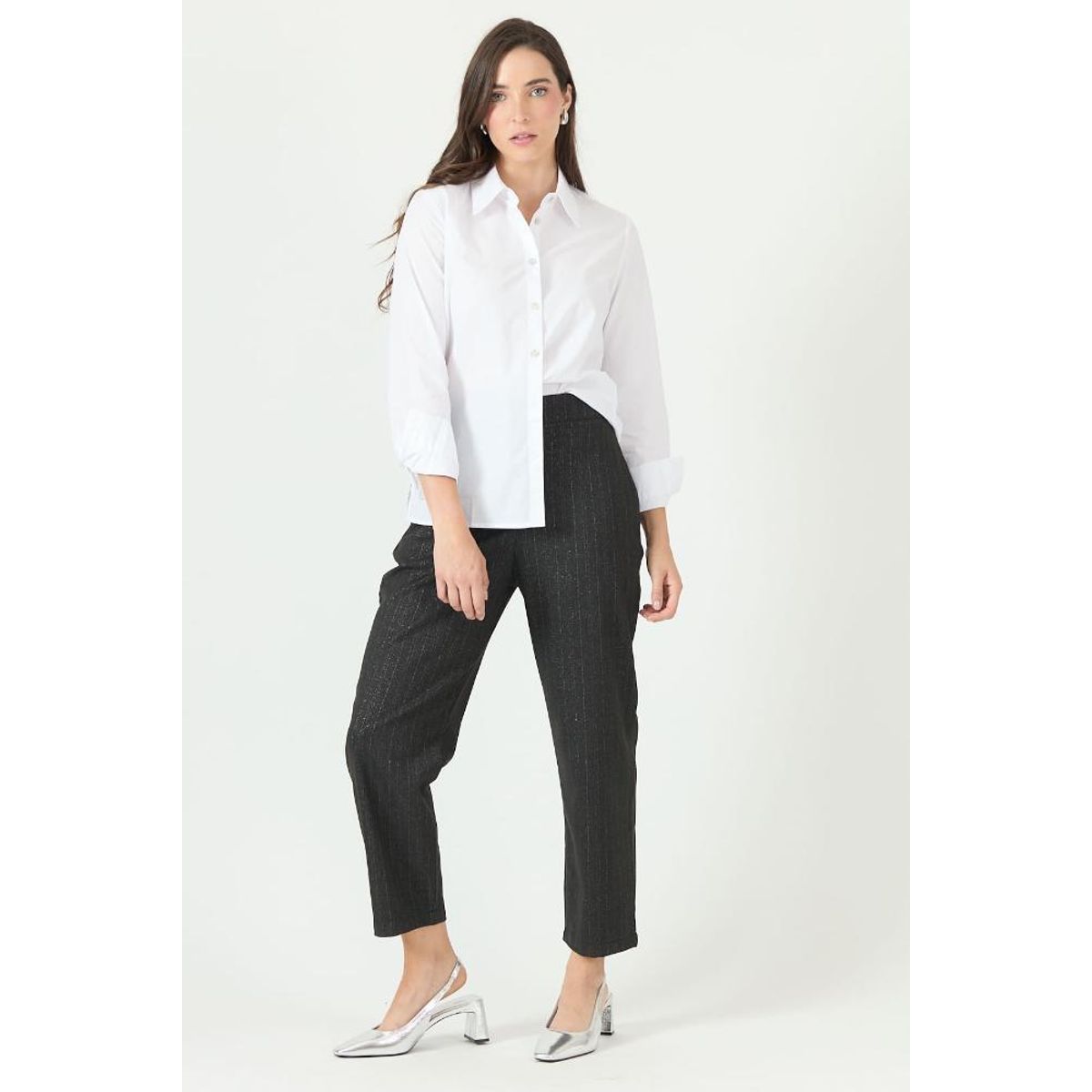 PRIVILEGE - Pantalon straight negro rayas 2259