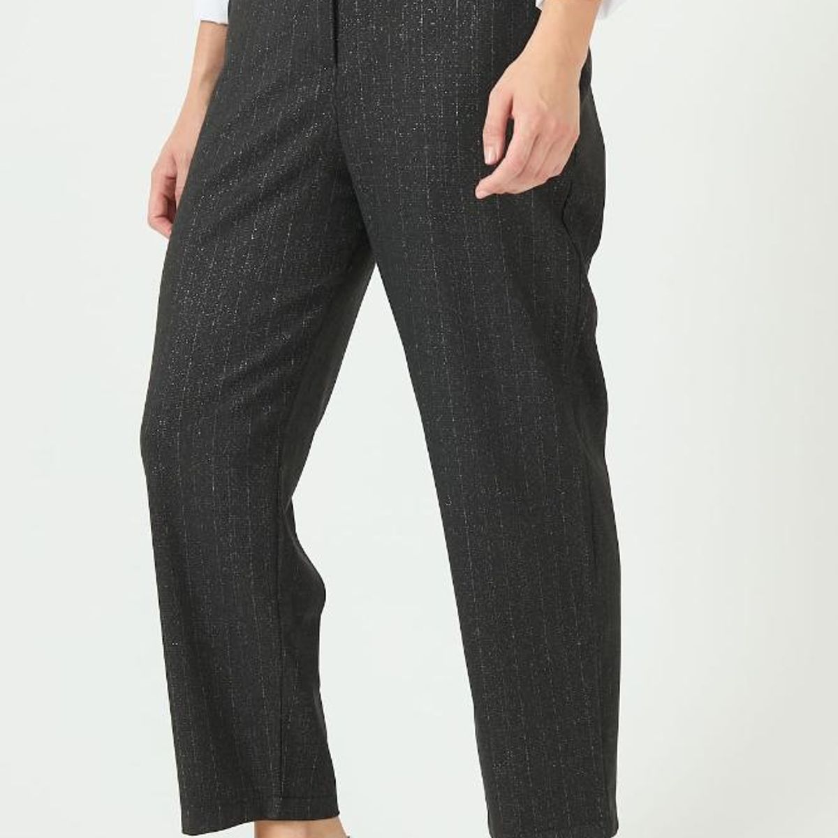 PRIVILEGE - Pantalon straight negro rayas 2259