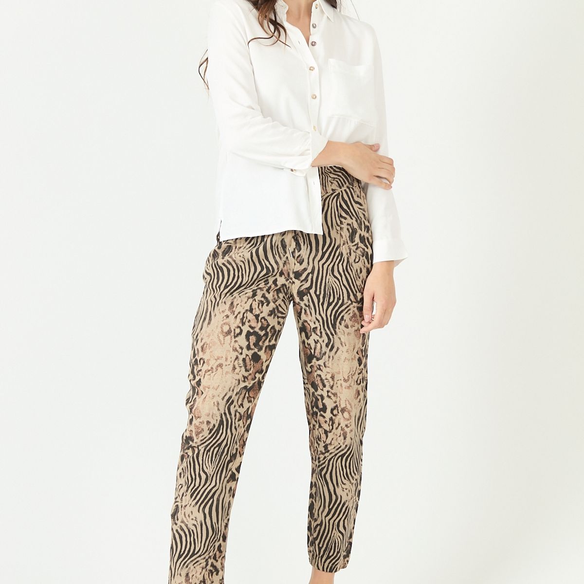 PRIVILEGE - Pantalon de lyocell straight beige estampado 2264